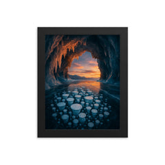 Lake Baikal ice cave with trapped bubbles framed print on a plain backdrop in size 8"x10".