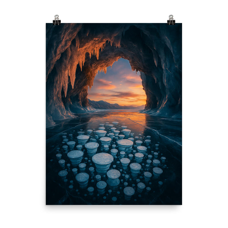 Lake Baikal ice cave with trapped bubbles poster on a plain backdrop in size 8