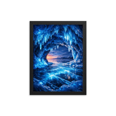 Lake Baikal ice caves glowing cobalt blue framed print on a plain backdrop in size 12"x16".