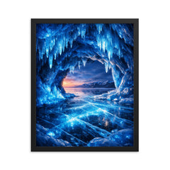 Lake Baikal ice caves glowing cobalt blue framed print on a plain backdrop in size 16"x20".