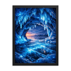 Lake Baikal ice caves glowing cobalt blue framed print on a plain backdrop in size 18"x24".