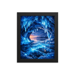 Lake Baikal ice caves glowing cobalt blue framed print on a plain backdrop in size 8"x10".