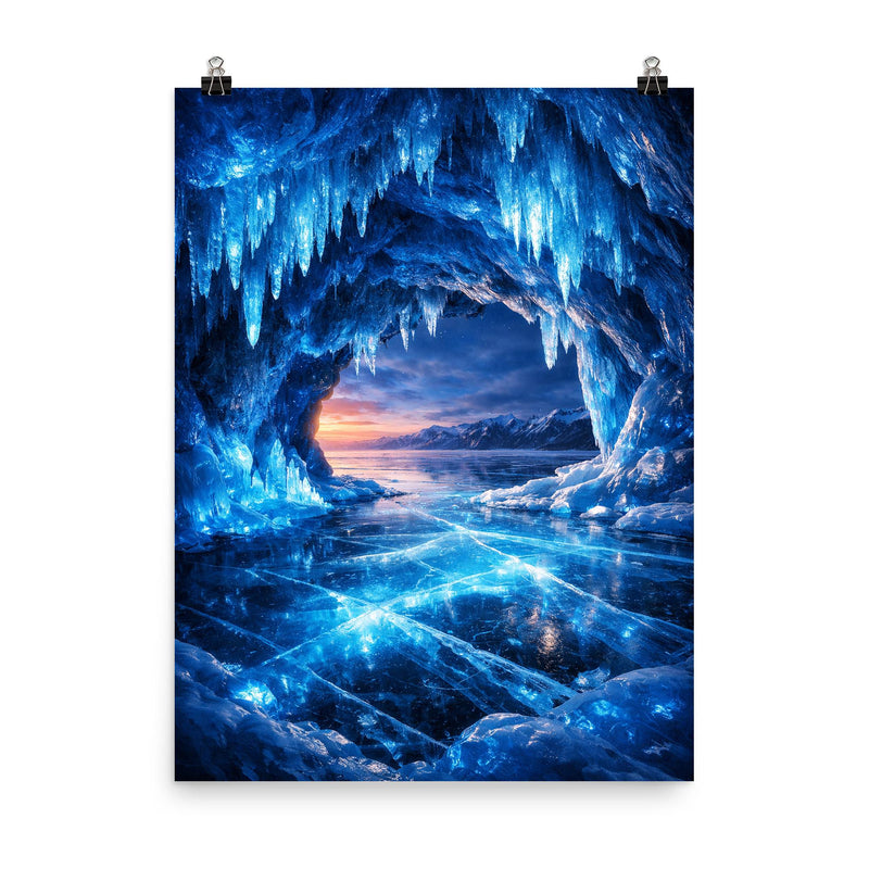 Lake Baikal ice caves glowing cobalt blue poster on a plain backdrop in size 8