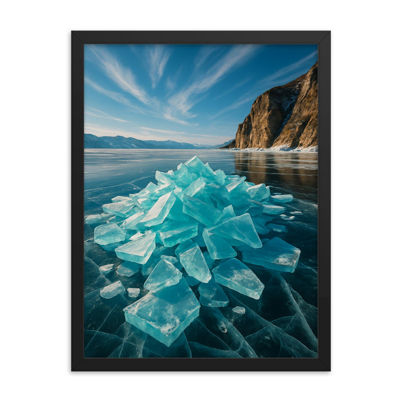 Lake Baikal Ice Stacks Russia framed print on a plain backdrop in size 18
