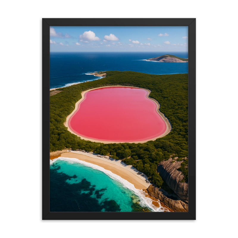 Lake Hillier Western Australia framed print on a plain backdrop in size 18