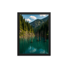 Lake Kaindy Sunken Forest Kazakhstan framed print on a plain backdrop in size 12"x16".
