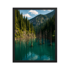 Lake Kaindy Sunken Forest Kazakhstan framed print on a plain backdrop in size 16"x20".