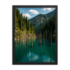 Lake Kaindy Sunken Forest Kazakhstan framed print on a plain backdrop in size 18"x24".