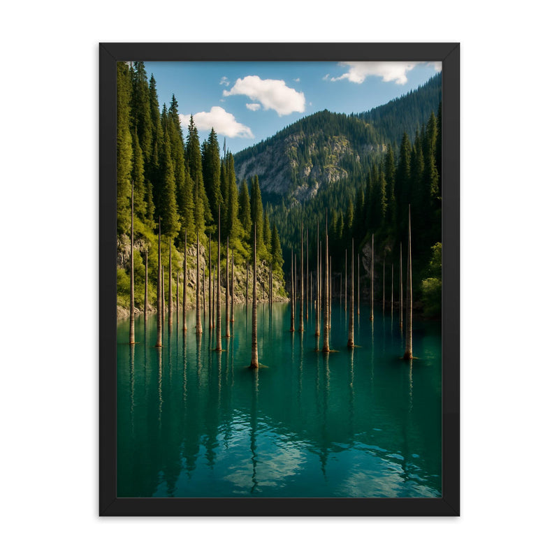 Lake Kaindy Sunken Forest Kazakhstan framed print on a plain backdrop in size 18