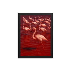 Lake Natron flamingos in blood red mineral water framed print on a plain backdrop in size 12"x16".