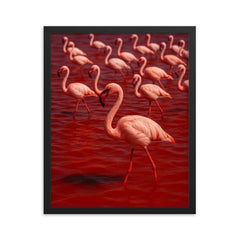 Lake Natron flamingos in blood red mineral water framed print on a plain backdrop in size 16"x20".