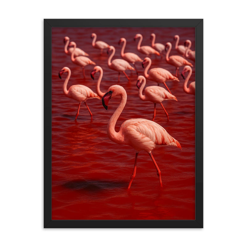 Lake Natron flamingos in blood red mineral water framed print on a plain backdrop in size 18