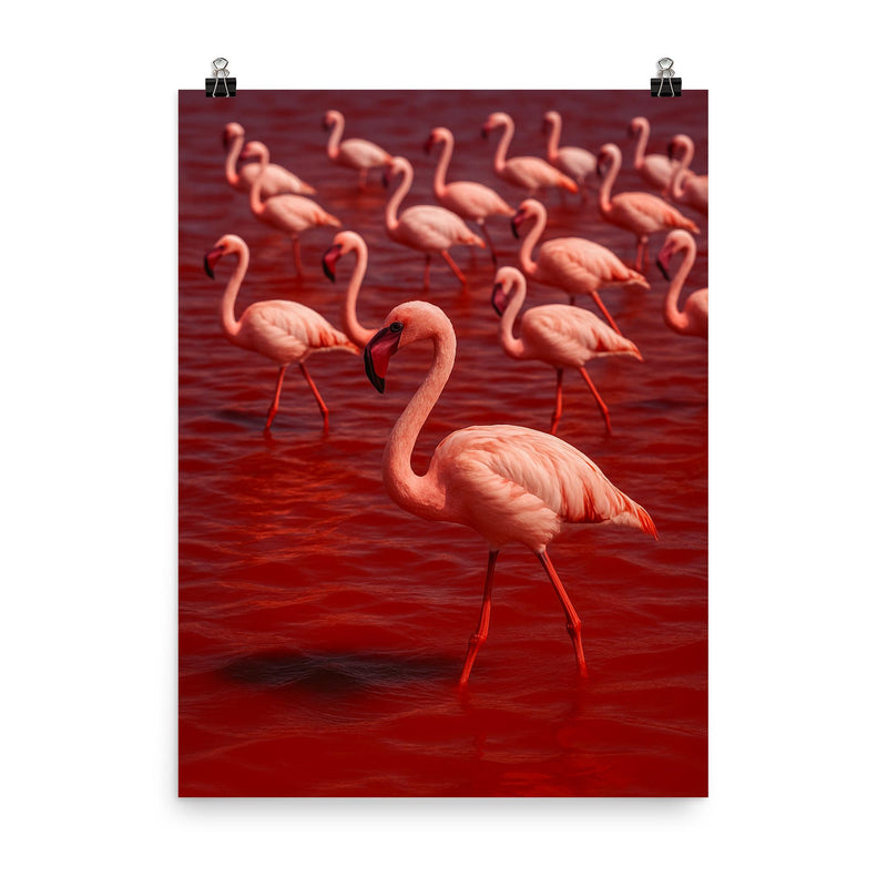 Lake Natron flamingos in blood red mineral water poster on a plain backdrop in size 8