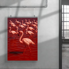 Lake Natron flamingos in blood red mineral water poster 4