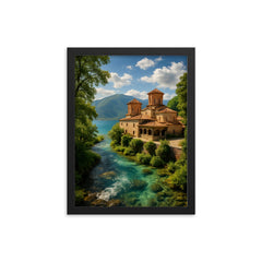 Lake Ohrid and St Naum Springs North Macedonia framed print on a plain backdrop in size 12"x16".