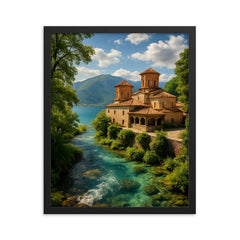 Lake Ohrid and St Naum Springs North Macedonia framed print on a plain backdrop in size 16"x20".