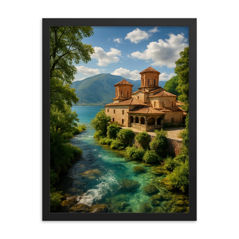 Lake Ohrid and St Naum Springs North Macedonia framed print on a plain backdrop in size 18