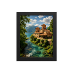 Lake Ohrid and St Naum Springs North Macedonia framed print on a plain backdrop in size 8"x10".