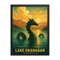 Lake Okanagan Ogopogo Canada framed print on a plain backdrop in size 18"x24".