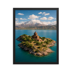 Lake Van and Akdamar Island Turkey framed print on a plain backdrop in size 16"x20".