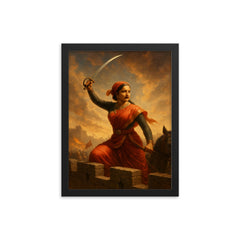 Lakshmi Bai sword raised from battlements framed print on a plain backdrop in size 12"x16".