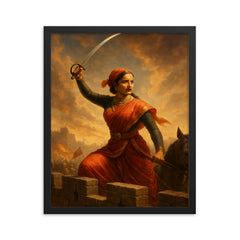 Lakshmi Bai sword raised from battlements framed print on a plain backdrop in size 16"x20".