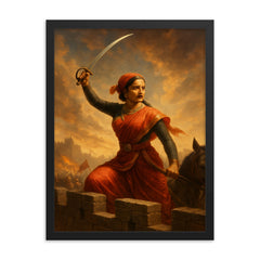 Lakshmi Bai sword raised from battlements framed print on a plain backdrop in size 18"x24".