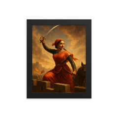 Lakshmi Bai sword raised from battlements framed print on a plain backdrop in size 8"x10".