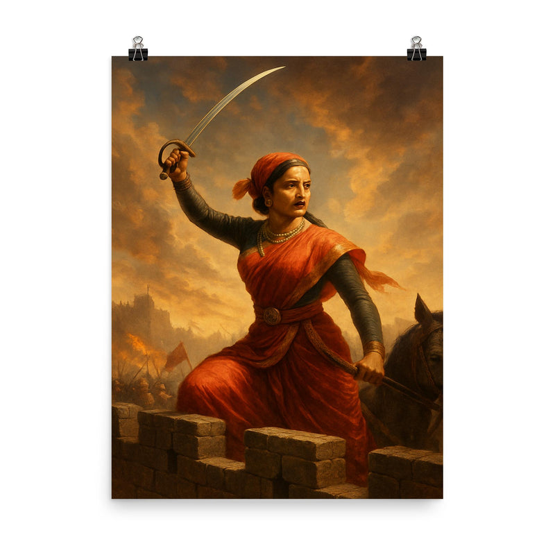 Lakshmi Bai sword raised from battlements poster on a plain backdrop in size 8