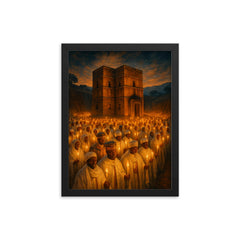 Lalibela rock hewn church procession with candles framed print on a plain backdrop in size 12"x16".