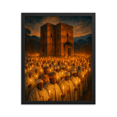 Lalibela rock hewn church procession with candles framed print on a plain backdrop in size 16"x20".