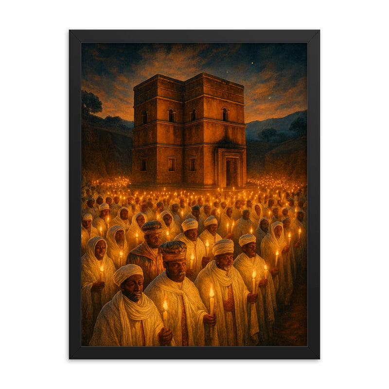 Lalibela rock hewn church procession with candles framed print on a plain backdrop in size 18