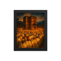 Lalibela rock hewn church procession with candles framed print on a plain backdrop in size 8"x10".
