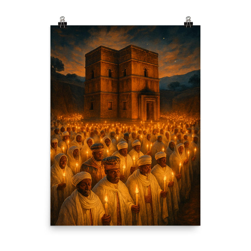 Lalibela rock hewn church procession with candles poster on a plain backdrop in size 8
