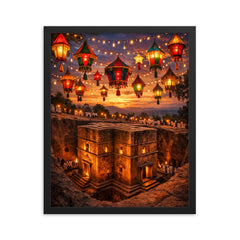Lalibela rock hewn church under Epiphany lanterns framed print on a plain backdrop in size 16"x20".
