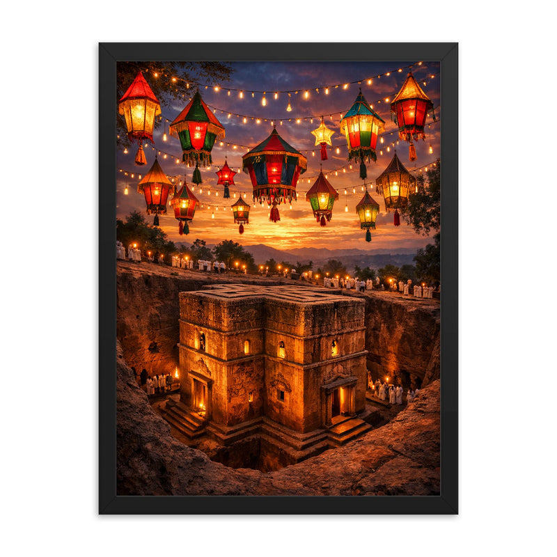 Lalibela rock hewn church under Epiphany lanterns framed print on a plain backdrop in size 18