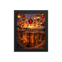 Lalibela rock hewn church under Epiphany lanterns framed print on a plain backdrop in size 8"x10".