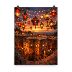 Lalibela rock hewn church under Epiphany lanterns poster on a plain backdrop in size 8"x10".