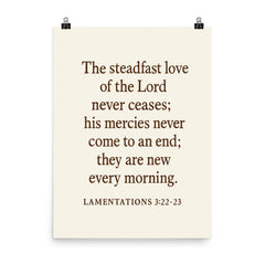 Lamentations 322 23 The steadfast love of the Lord never ceases his mercies never come to an end they are new every morning poster on a plain backdrop in size 8"x10".