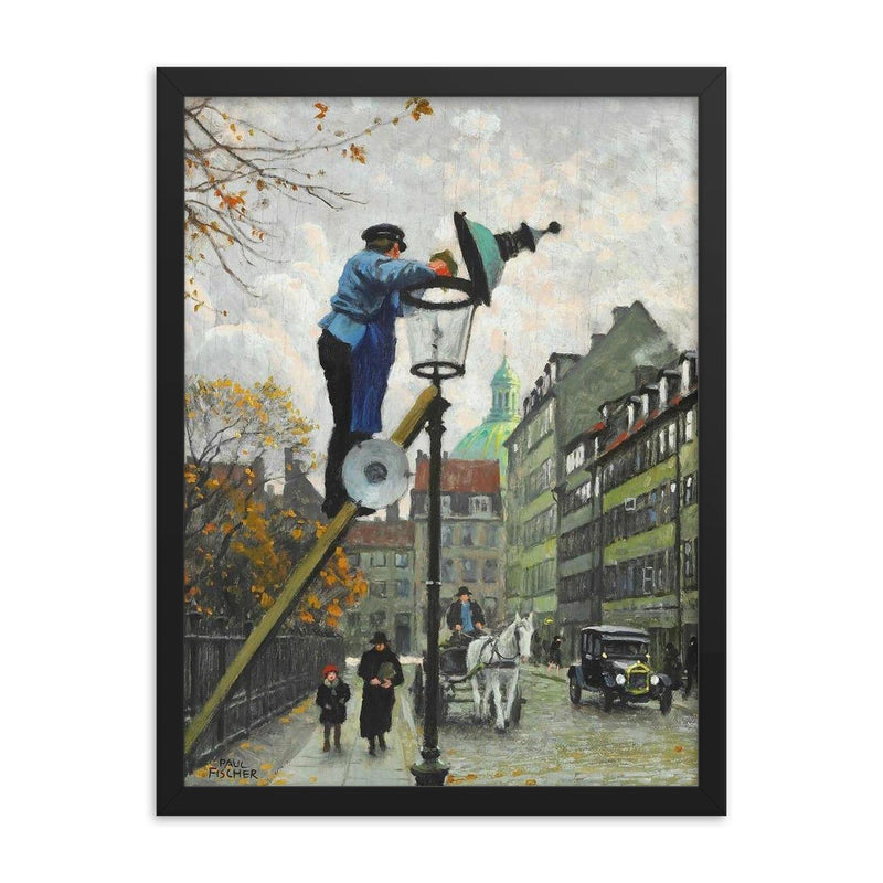 Lamplighter by Paul Gustav Fischer framed print on a plain backdrop in size 18