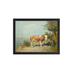 Landscape with a Cow and a Herdsman Resting by Gari Melchers framed print on a plain backdrop in size 12"x16".
