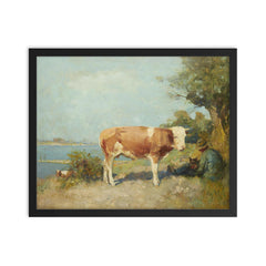 Landscape with a Cow and a Herdsman Resting by Gari Melchers framed print on a plain backdrop in size 16"x20".