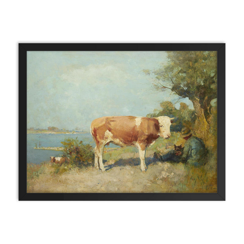 Landscape with a Cow and a Herdsman Resting by Gari Melchers framed print on a plain backdrop in size 18
