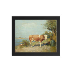 Landscape with a Cow and a Herdsman Resting by Gari Melchers framed print on a plain backdrop in size 8"x10".