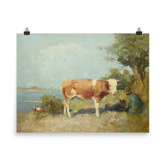 Landscape with a Cow and a Herdsman Resting by Gari Melchers poster on a plain backdrop in size 8"x10".