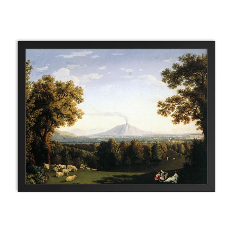 Landscape with the Palace of Caserta and Vesuvius by Jacob Philipp Hackert, 1793 framed print on a plain backdrop in size 18