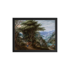 Landscape with Tobias and the Angel by Denis van Alsloot and Hendrick de Clerck framed print on a plain backdrop in size 12"x16".