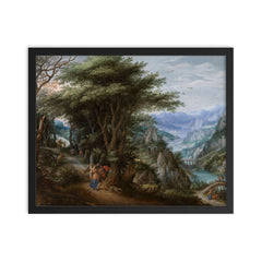 Landscape with Tobias and the Angel by Denis van Alsloot and Hendrick de Clerck framed print on a plain backdrop in size 16"x20".