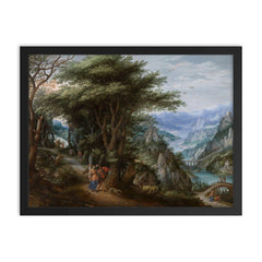 Landscape with Tobias and the Angel by Denis van Alsloot and Hendrick de Clerck framed print on a plain backdrop in size 18"x24".