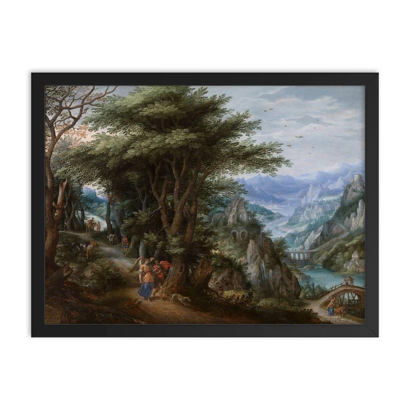 Landscape with Tobias and the Angel by Denis van Alsloot and Hendrick de Clerck framed print on a plain backdrop in size 18